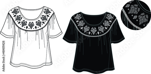 Vector short sleeved T-Shirt fashion CAD, woman round neck top with embroidery technical drawing, blouse template, flat, sketch. Jersey or woven fabric blouse with front, back view, in white color