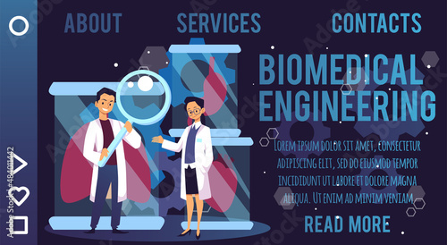 Biomedical engineering website banner layout, cartoon flat vector illustration.