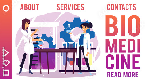 Biomedical laboratory researches web page template, flat vector illustration.