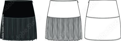 Vector mini skirt fashion CAD, woman fringe detailed skirt technical drawing, wrap skirt sketch, template. Jersey or woven fabric skirt with front, back view, white color