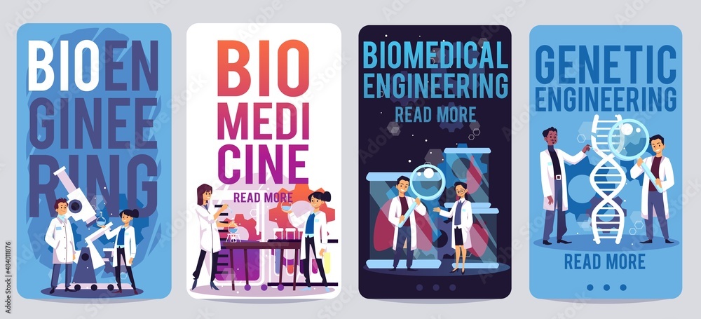 Obraz premium Bioengineering and biomedicine banners set flat vector illustration.