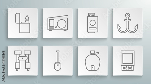 Set line Binoculars, Radio with antenna, Shovel, Canteen water bottle, Open matchbox and matches, Passport ticket, Anchor and Lighter icon. Vector