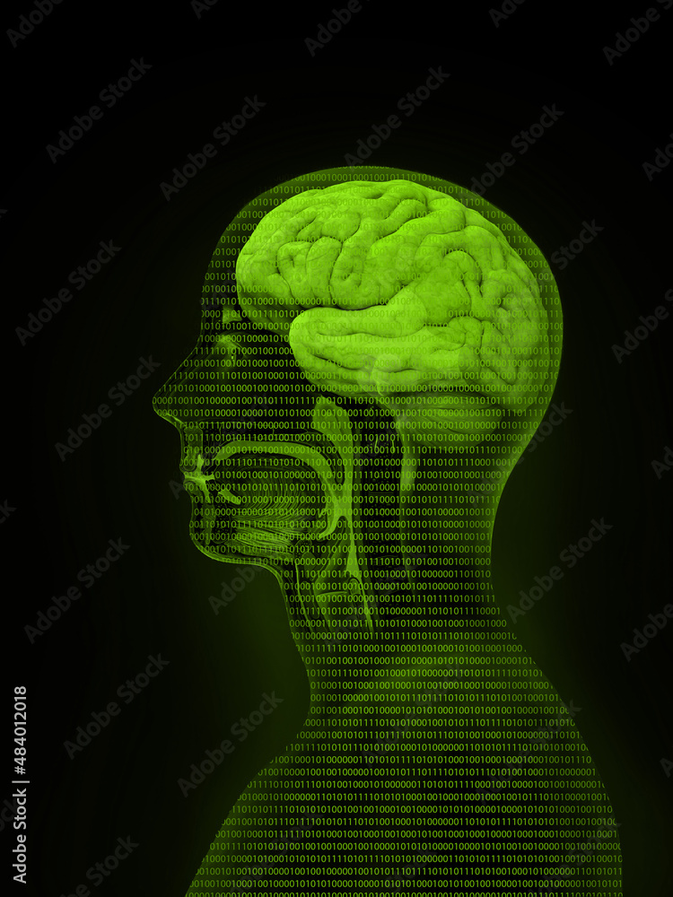 Obraz premium Machine learning. Artificial Intelligence. Technology background with a person's head consisting of bits and code programs.