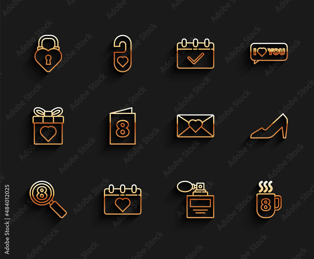 Set line Search 8 March, Calendar with, Castle in the shape of heart, Perfume, Coffee cup, Greeting card, Woman shoe and Envelope icon. Vector Set line Search 8 March, Calendar with, Castle in the shape of heart, Perfume, Coffee cup, Greeting card, Woman shoe and Envelope icon. Vector