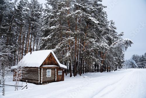 A small country house in the middle of the forest by a country road. An old forester's house. Winter forest landscapes © Aleksey