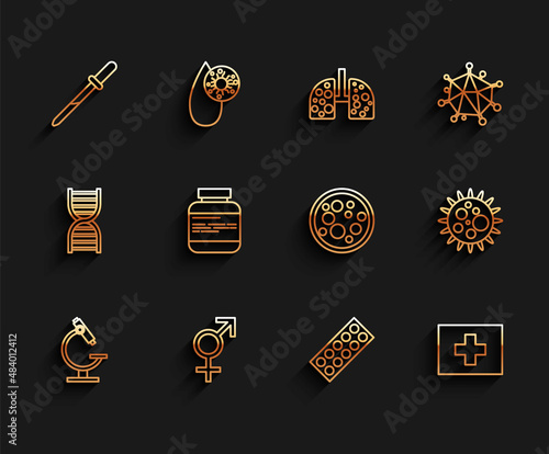 Set line Microscope, Gender, Pipette, Pills in blister pack, First aid kit, Medicine bottle and pills, Virus and icon. Vector