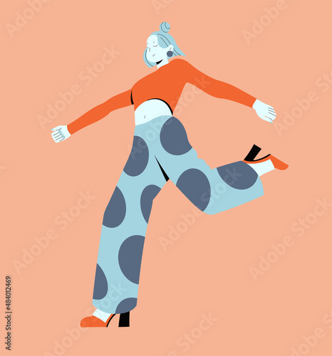 Happy free woman floating and jumping in air. Concept of freedom, happiness and aspirations. Fashion woman happy moving forward. Colored flat vector illustration isolated on white background