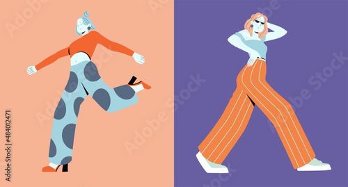 Happy free woman floating and jumping in air. Concept of freedom, happiness and aspirations. Fashion woman happy moving forward. Colored flat vector illustration isolated on white background