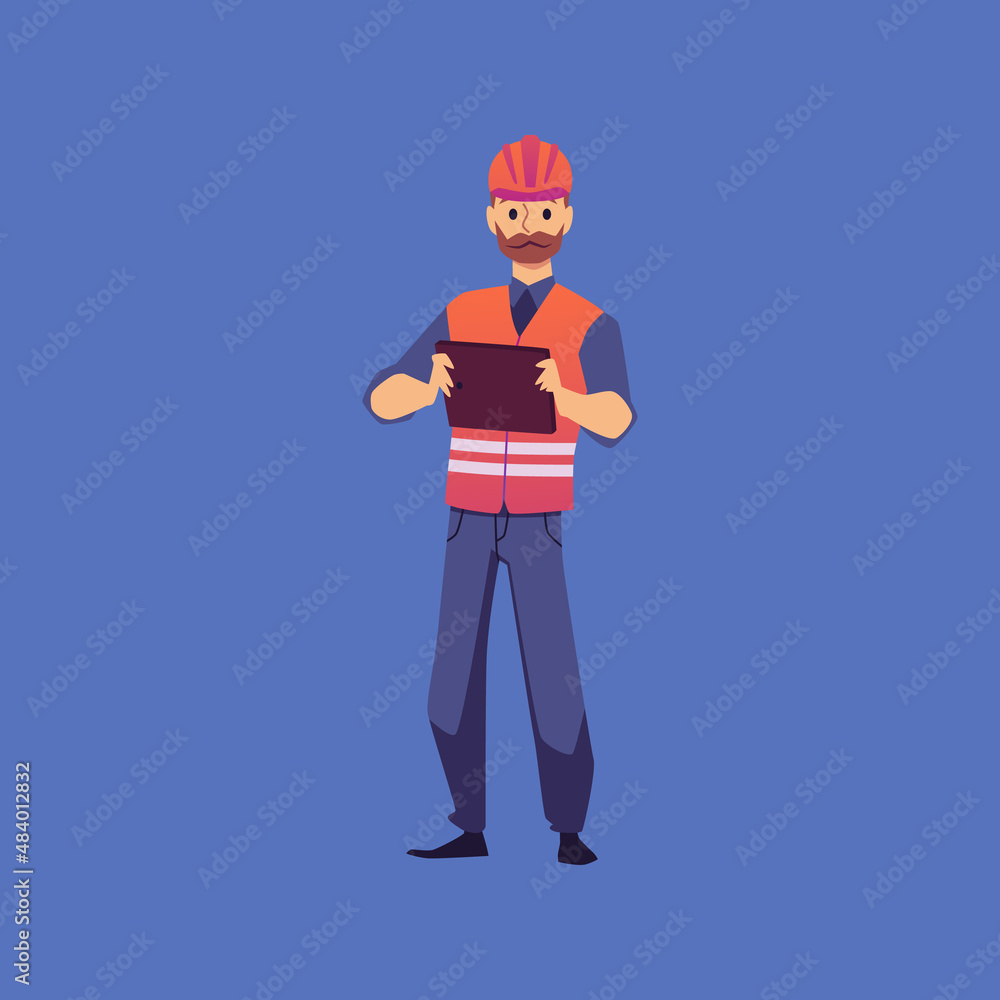 Industry worker man in helmet holds tablet, isolated flat vector illustration.