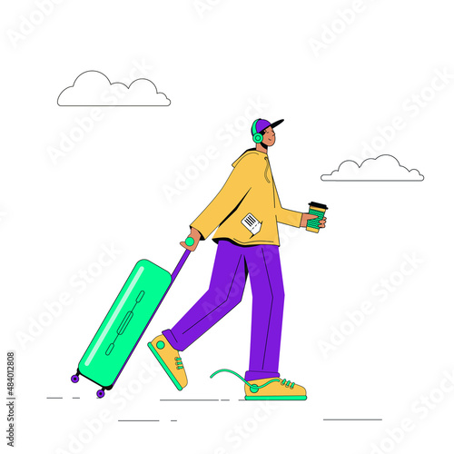 A man with a suitcase on wheels and coffee - preparation for the trip, vector illustration on the road