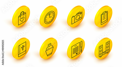 Set line Home stereo with two speakers, Marriage contract, Wedding cake heart, Holy bible book, Clipboard checklist, Photo camera, Clock and Shopping bag icon. Vector