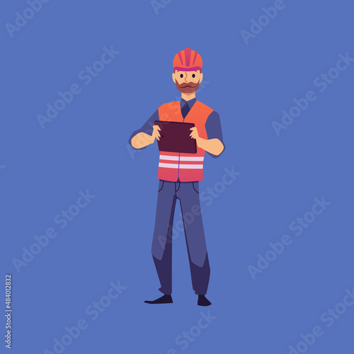 Industry worker man in helmet holds tablet, isolated flat vector illustration.