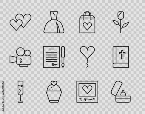 Set line Glass of champagne, Wedding rings, Shopping bag with heart, cake, Heart, Marriage contract, Photo frames and hearts and Holy bible book icon. Vector