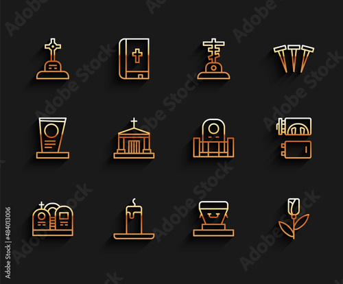 Set line Grave with tombstone, Burning candle, cross, Coffin, Flower rose, Old crypt, Crematorium and icon. Vector