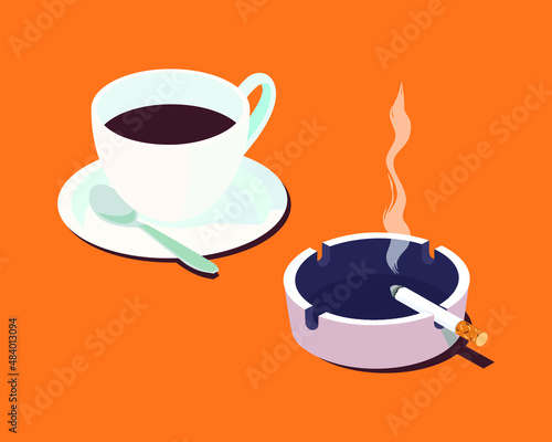 Cup of fresh coffee, ceramic ashtray and smoking cigarette. Isometric vector illustration.