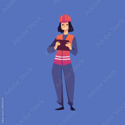 Smiling female character in uniform and helmet holds tablet, flat vector illustration isolated on blue background.