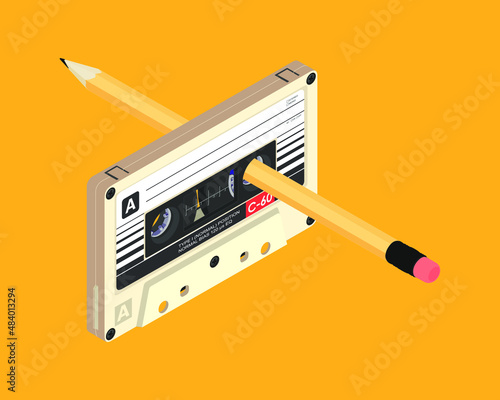 Cassette tape and a yellow pencil. Isometric vector illustration.