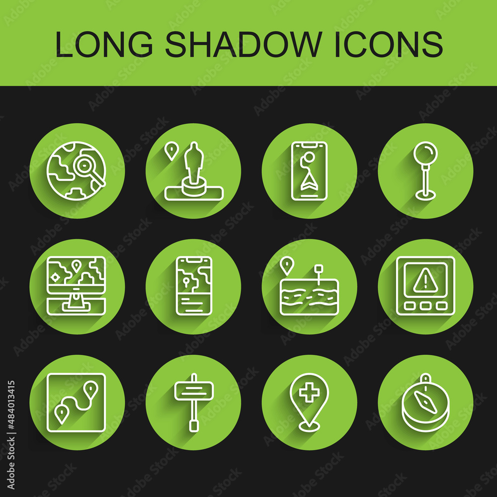 Set line Route location, Road traffic sign, Magnifying glass with globe, Medical cross, Compass, City map navigation, Gps device error and Broken road icon. Vector Set line Route location, Road traffic sign, Magnifying glass with globe, Medical cross, Compass, City map navigation, Gps device error and Broken road icon. Vector