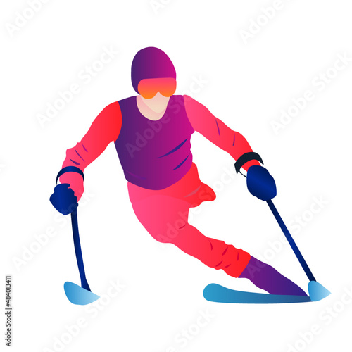 Cartoon illustration with abstract faceless disabled man skiing in the snow on white background.