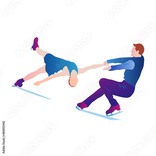 Cartoon illustration  of abstract man and woman skating on ice on white background