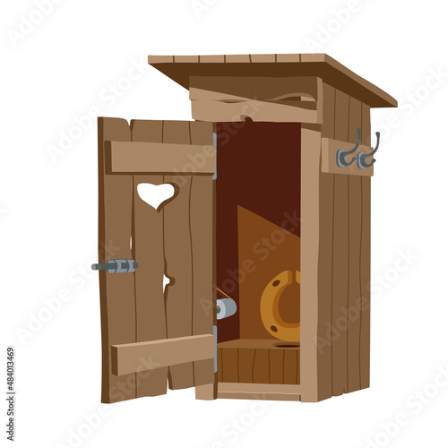 Wooden rustic toilet, primitive sanitary construction. Color vector illustration isolated on a white background in a cartoon design.