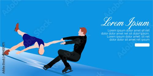 UI design of abstract man and woman skating on ice on abstract blue background