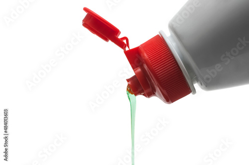 Dishwashing liquid running out isolated on white background
