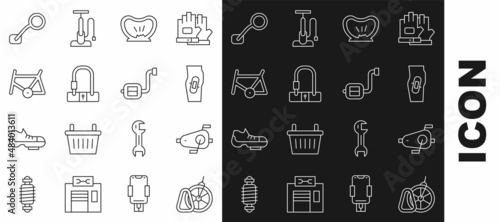Set line Bicycle parking, pedals, Plaster on leg, punctured tire, lock, frame, rear view mirror and icon. Vector