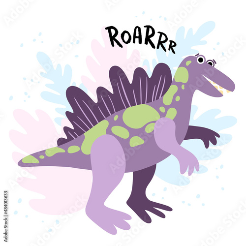 Friendly dinosaur spinosaurus. Children flat hand drawn style vector illustration. Cute smiling dino for kids book  games  posters.