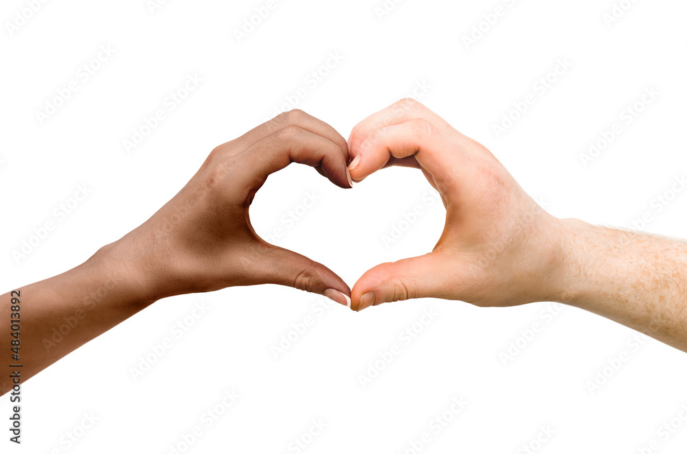 male and female hands show with their hands the shape of a heart, on a white isolated background male and female hands show with their hands the shape of a heart, on a white isolated background
