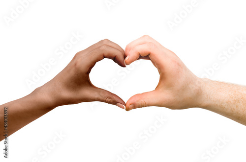 male and female hands show with their hands the shape of a heart  on a white isolated background