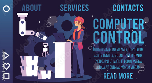 Computer control of smart factory equipment website, flat vector illustration.