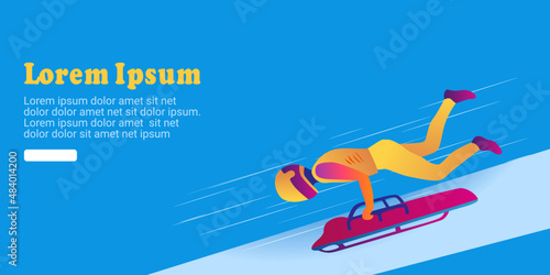 UI design of an abstract man riding a two-strip sled on an ice chute on an abstract blue background. skeleton