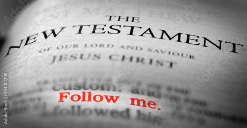 Bible New Testament Christian Gospel with the verse Follow Me in Red photo