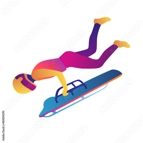Cartoon illustration of an abstract man riding a two-strip sled on an ice chute on blue background. skeleton