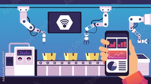 Smart factory robotic conveyor controlled remotely, flat vector illustration.