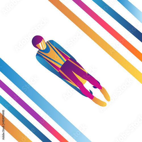 Cartoon illustration of an abstract man riding a two-strip sled on an ice chute on white background. luge