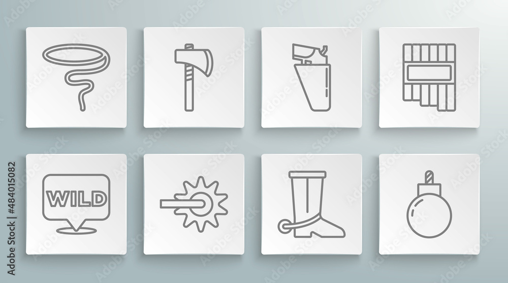 Set line Pointer to wild west, Tomahawk axe, Spur, Cowboy boot, Bomb ready explode, Revolver gun holster, Pan flute and Lasso icon. Vector Set line Pointer to wild west, Tomahawk axe, Spur, Cowboy boot, Bomb ready explode, Revolver gun holster, Pan flute and Lasso icon. Vector
