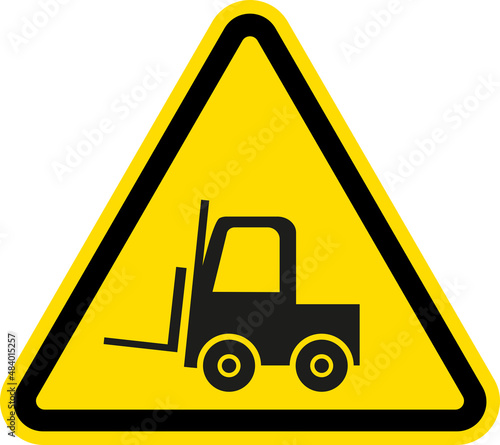 Forklift hazard warning sign. Triangle yellow background. Safety signs and symbols.