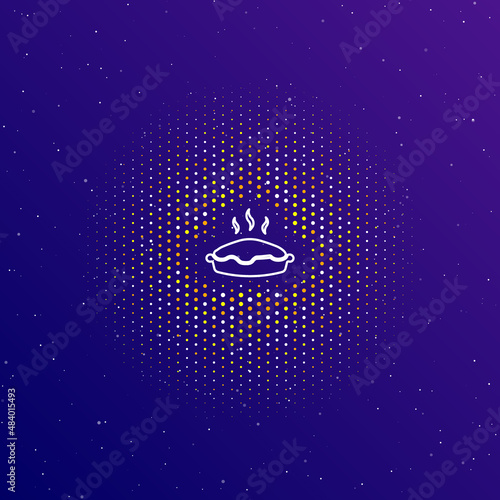 A large white contour hot pie symbol in the center  surrounded by small dots. Dots of different colors in the shape of a ball. Vector illustration on dark blue gradient background with stars