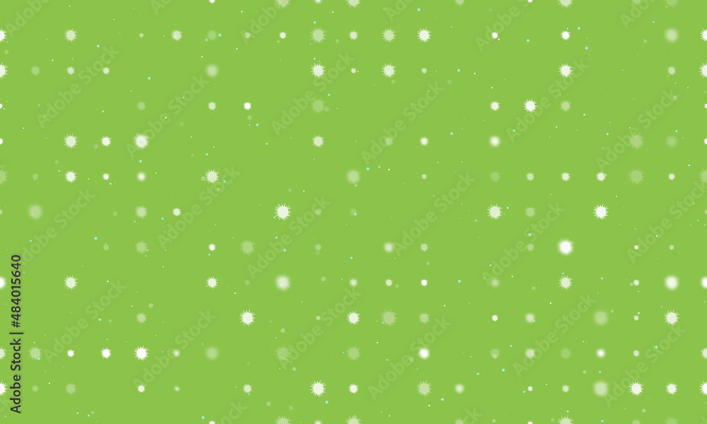 Seamless background pattern of evenly spaced white sea urchin symbols of different sizes and opacity. Vector illustration on light green background with stars