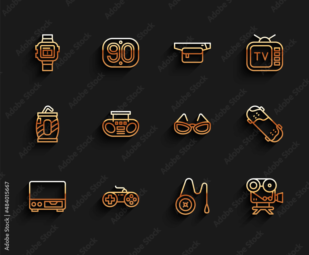 Set line Old video cassette player, Gamepad, Wrist watch, Yoyo toy, Retro cinema camera, Home stereo with two speakers, Skateboard trick and Glasses icon. Vector Set line Old video cassette player, Gamepad, Wrist watch, Yoyo toy, Retro cinema camera, Home stereo with two speakers, Skateboard trick and Glasses icon. Vector