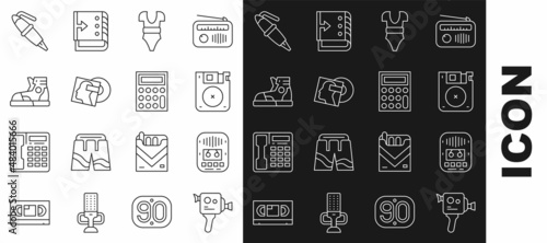 Set line Retro cinema camera, Cassette tape player, Floppy disk, Swimsuit, Vinyl, Sport sneakers, Fountain pen nib and Calculator icon. Vector