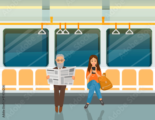 People in subway, sitting in train car with seats and handrails. Elderly man reads newspaper and woman listens to music on smartphone in subway train. Public underground transport passengers