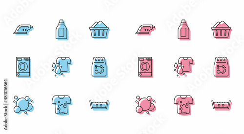 Set line Soap water bubbles, Dirty t-shirt, Electric iron, Temperature wash, Laundry detergent, Washer and Bottle for cleaning agent icon. Vector