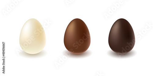 Set of Easter chocolate eggs. White, milk and dark chocolate eggs with realistic shadows isolated on white background. Vector Illustration