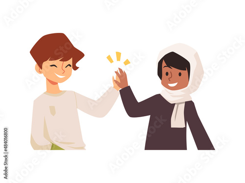 Kids clapping their hands as symbol of international friendship, flat vector illustration isolated on white background.