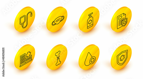 Set line Life insurance, Donate drop blood, Human broken bone, Hospital building, Patient record, Antibacterial soap, Medical protective mask and IV bag icon. Vector