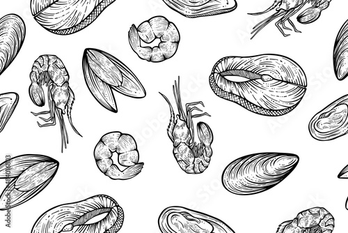 Seamless pattern of seafood, salmon steak, shrimps and mussels, monochrome vector illustration