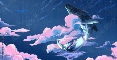 Fototapeta wieloryb na nocnym niebie wyłaniający się z chmur na tle gwiazd